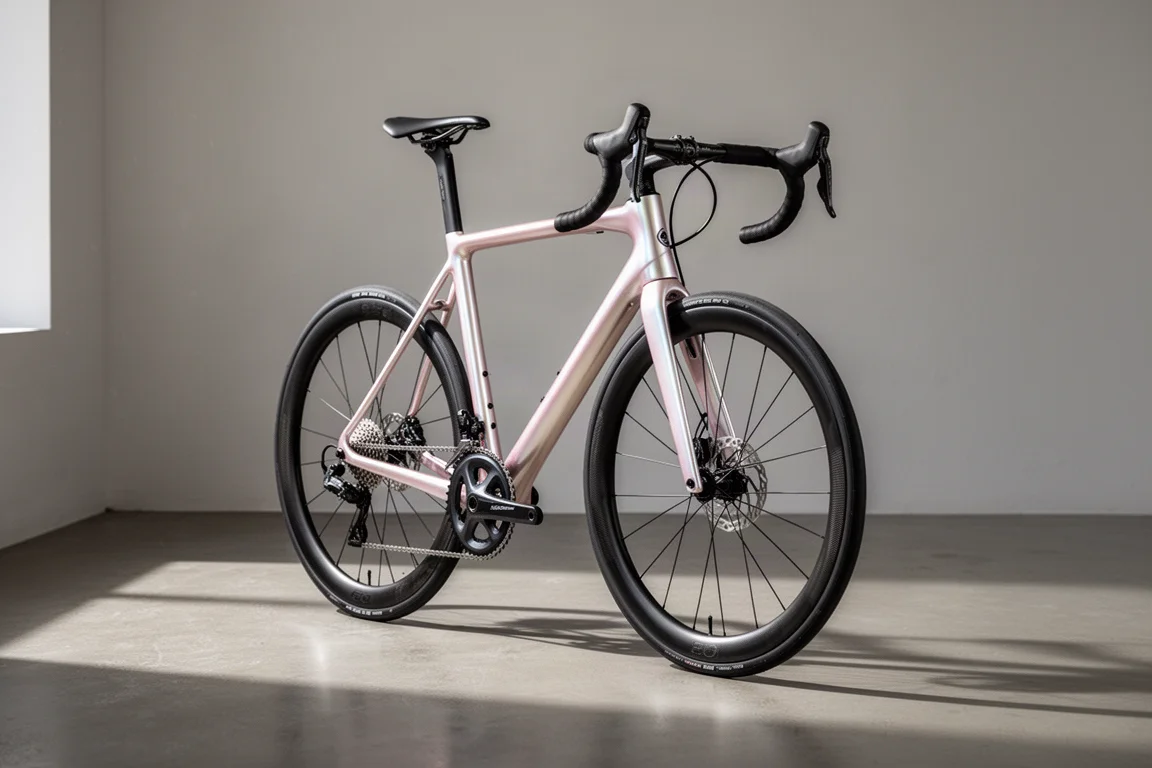 コンクリートの床に置かれたパール調仕上げの軽量カーボンロードレースバイク