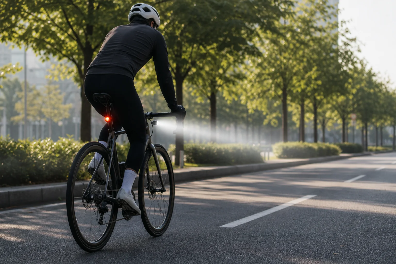 Road cyclist riding on sunny day with visible daytime light beam