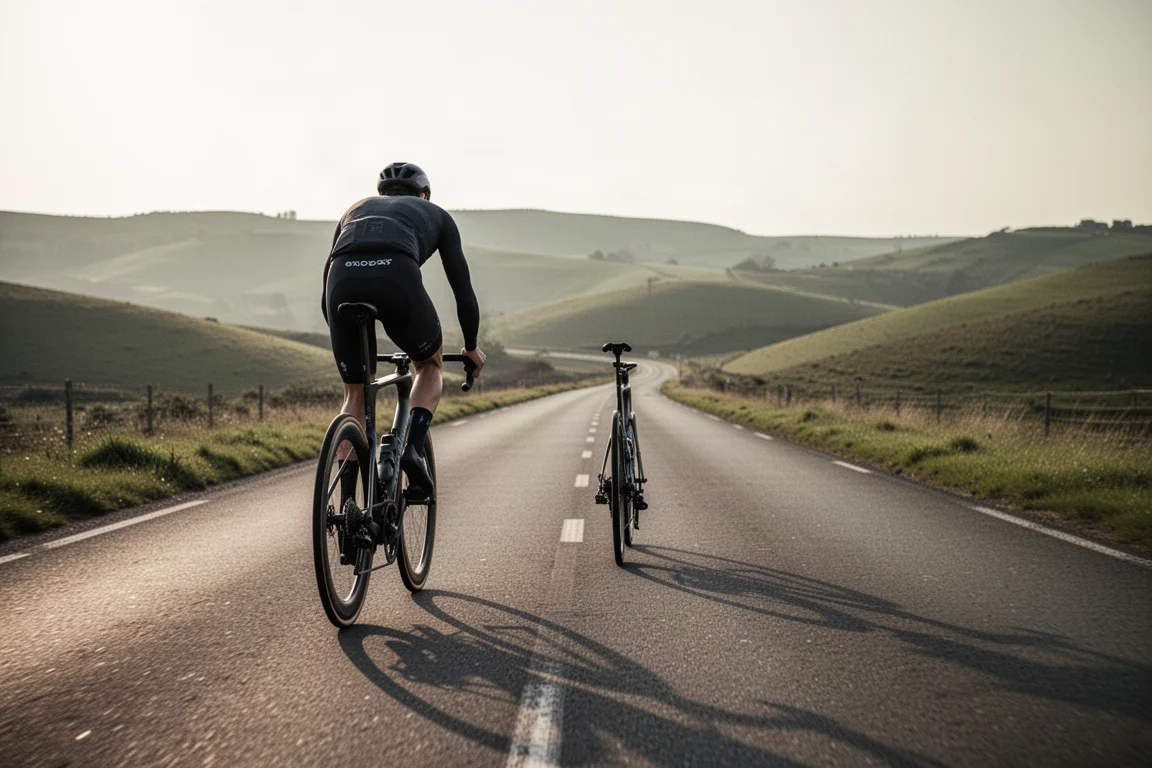 Cycliste sur route roulant sur un vélo de course aéro moderne sur une route déserte à travers des collines ondulantes