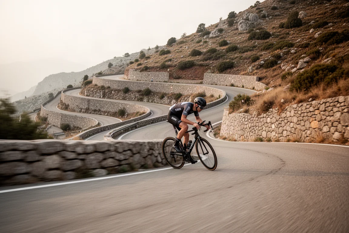 Cycliste sur route se penchant dans un virage lors d'une descente de montagne avec des lacets en contrebas