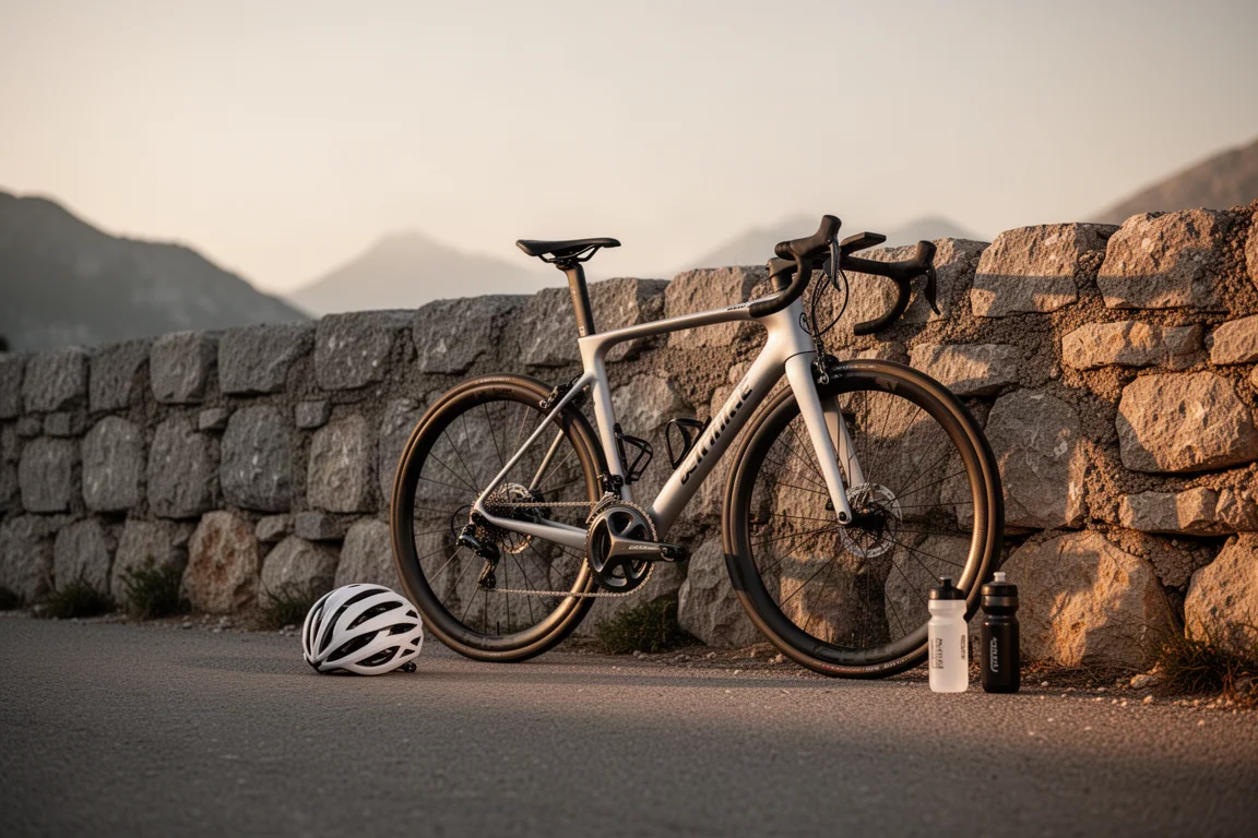 Vélo de course aéro appuyé contre un mur en pierre à l'heure dorée, casque posé à proximité