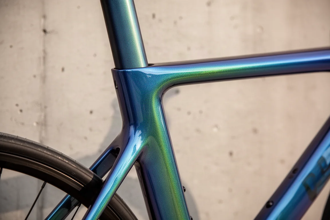Close-up of an aero road bike frame in iridescent paint catching angled light