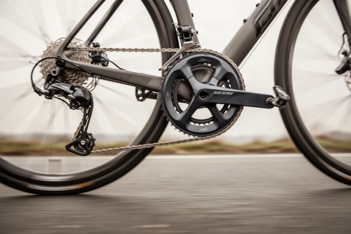 Low-angle detail of a road bike chainring and rear derailleur in motion