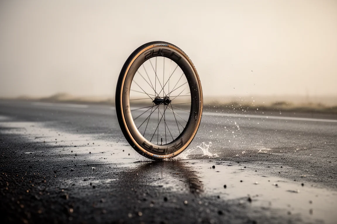 Road tire rolling across wet tarmac with a fine spray of water behind it