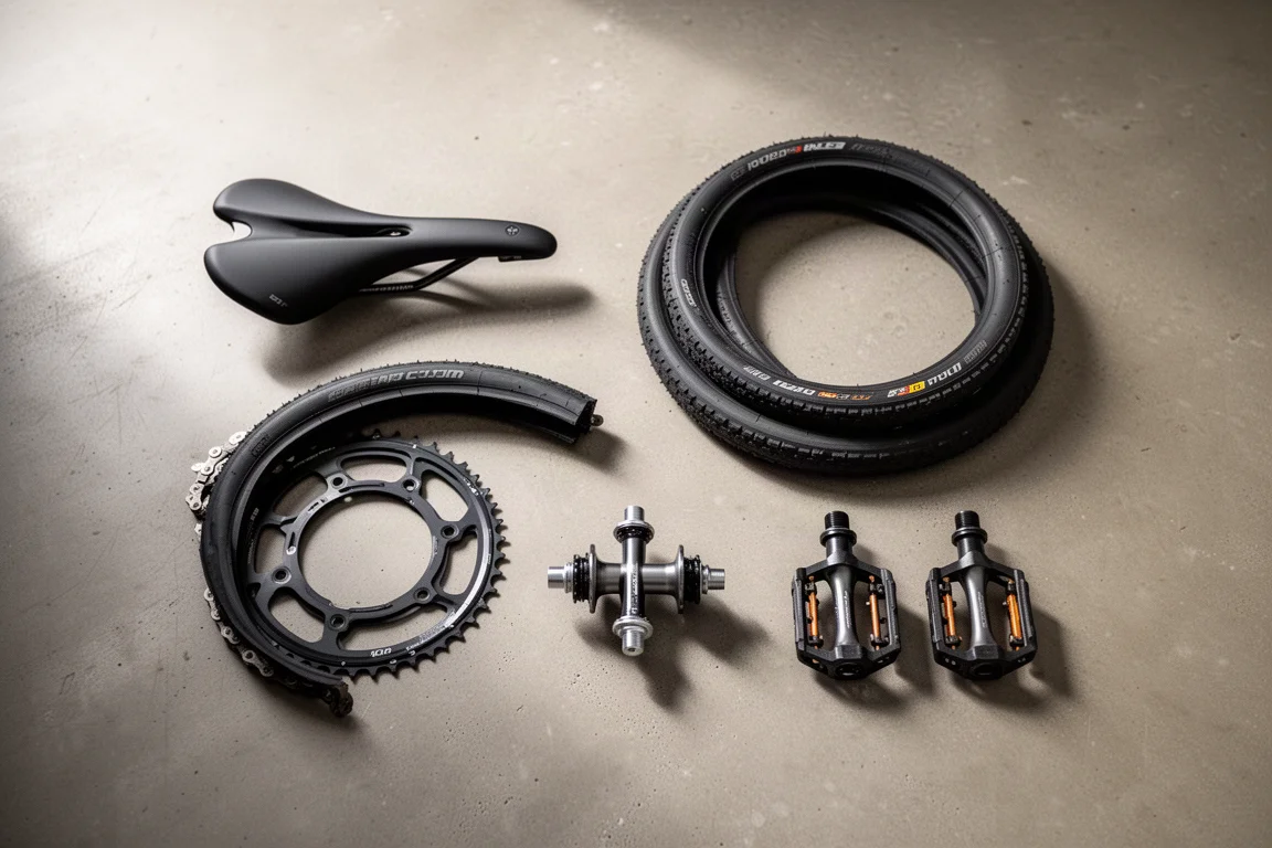 Overhead flat-lay of road cycling components arranged on a concrete floor