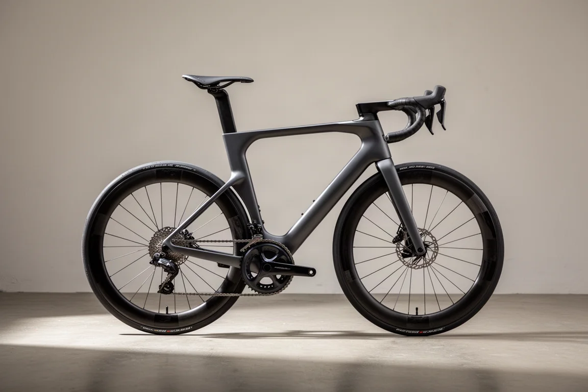 Moderne carbon racefiets met aero-buisprofielen en geïntegreerde cockpit op beton
