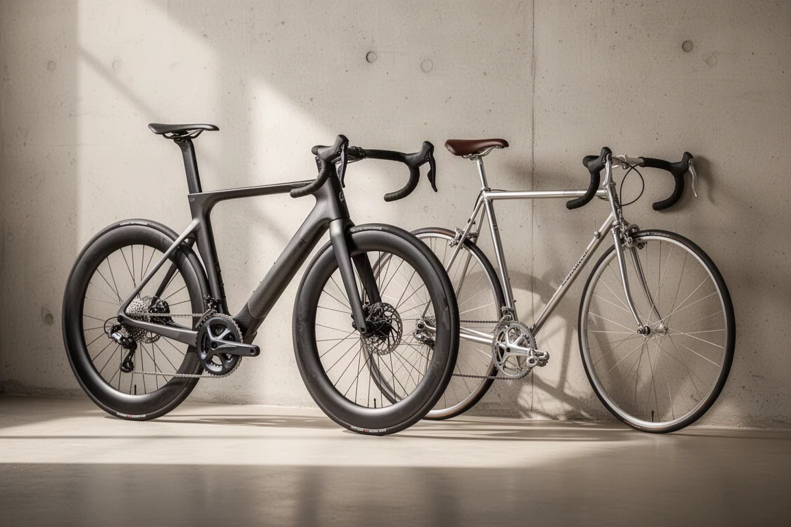 スタジオに並べられた現代のカーボンレースバイクとクラシックなスチールロードバイク