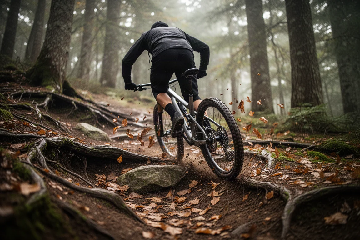 登山車騎士騎行於潮濕森林中布滿岩石與樹根的下坡路段