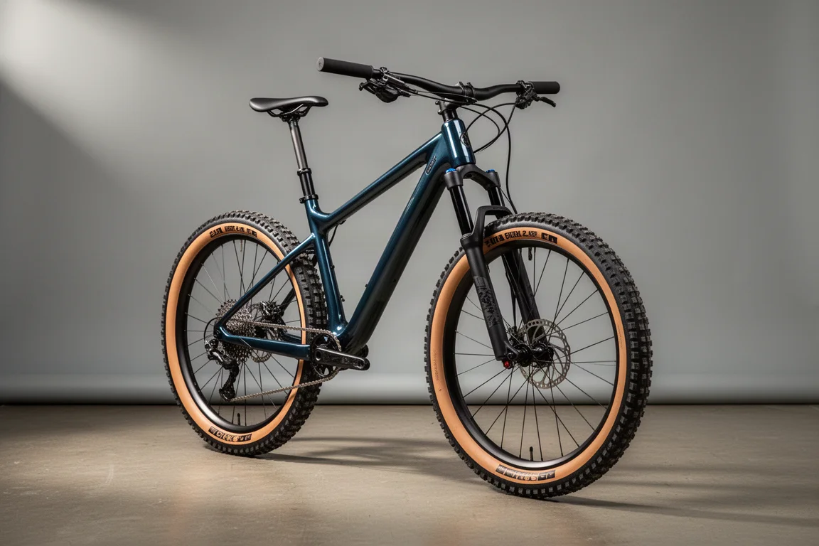 Hardtail mountainbike met tan-wall banden en verende voorvork op een neutrale grijze studiobackdrop