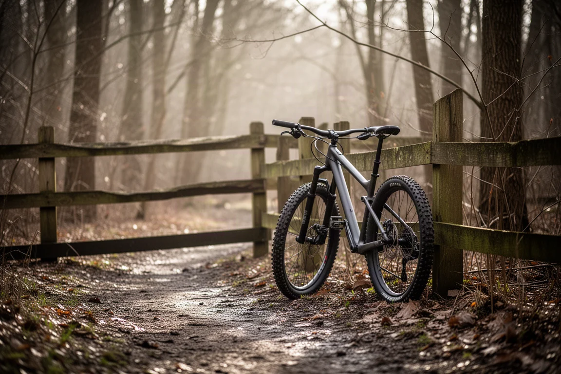 Mountainbiker op een hardtail op een nat bosparcours in wintermist