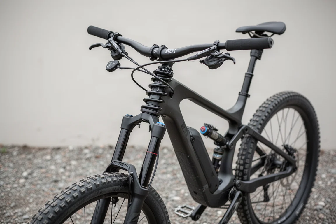 Close-up van een achterderailleur en cassette van een mountainbike met droog trailvuil