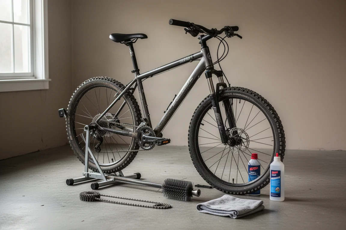 Hardtail mountainbike ondersteboven op een werkplaatsvloer naast gereedschap