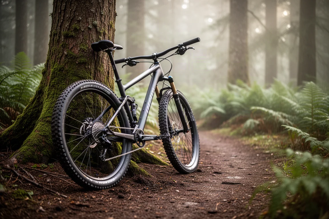 Hardtail-mountainbike lutad mot ett träd intill en fuktig skogsstig