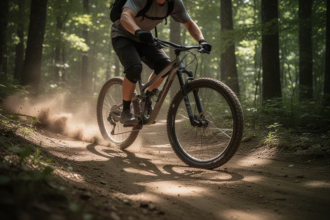 Cyklist som lutar en hardtail-mountainbike genom en lös kurva på en skogsstig