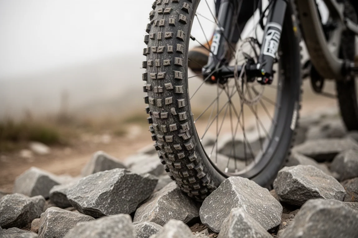 Närbild på ett brett mountainbikedäck och luftgaffelns innerben på stenig mark