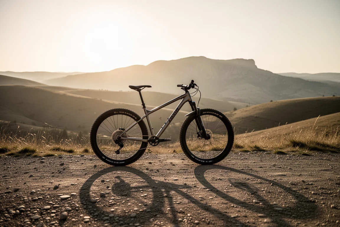 Hardtail-mountainbike parkerad vid en stigstart med kullar i fjärran