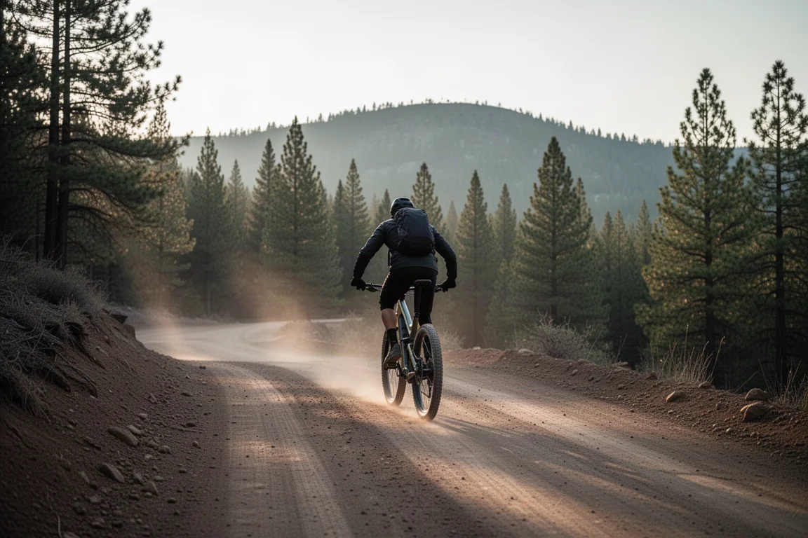 Fahrer auf einem E-Mountainbike bei der Abfahrt auf einem steilen, wurzeligen Waldtrail in der Dämmerung