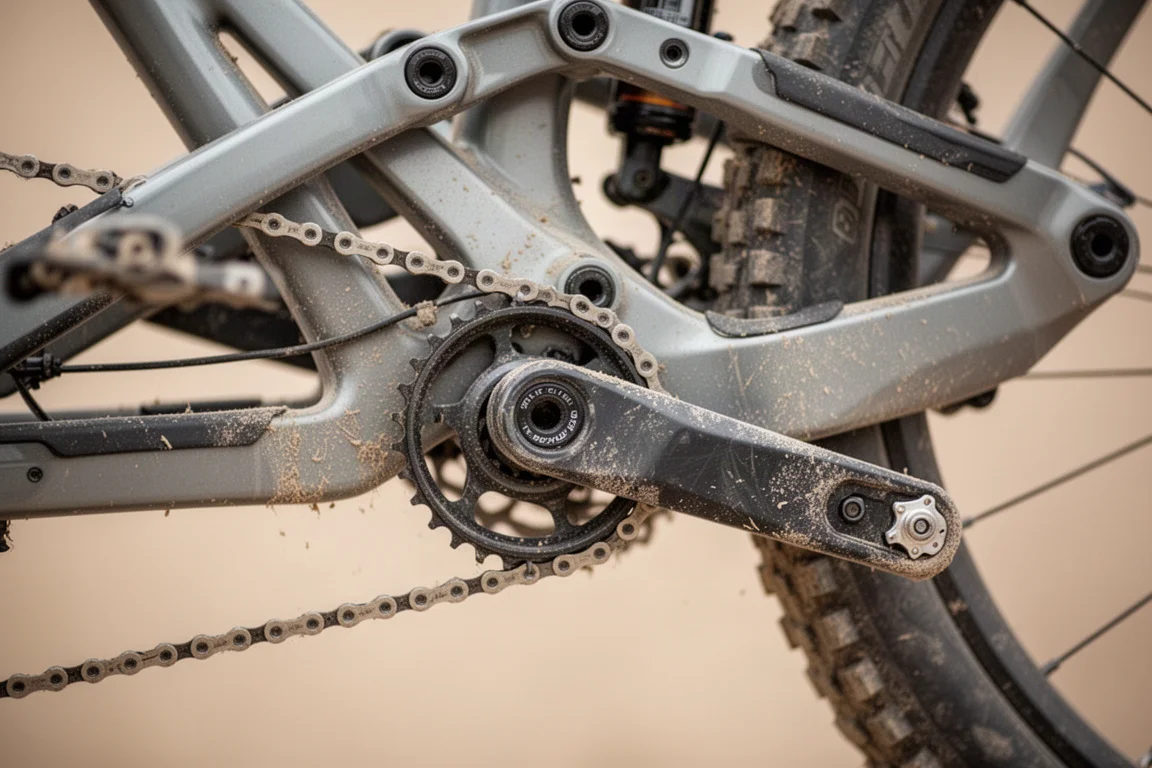 Nahaufnahme einer High-Pivot-Umlenkrolle und der Kettenführung am Hinterbau eines Mountainbikes
