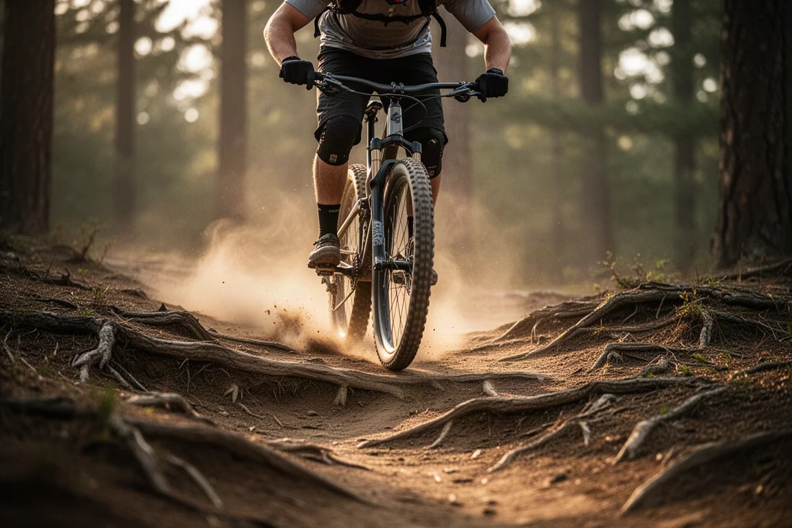 Cockpit und Antriebskomponenten eines Mountainbikes auf einer Betonfläche angeordnet