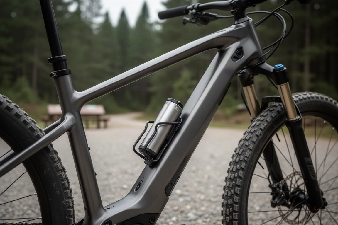 Fahrer auf einem E-Mountainbike beim Anstieg auf einer steilen Schotterstraße zur goldenen Stunde