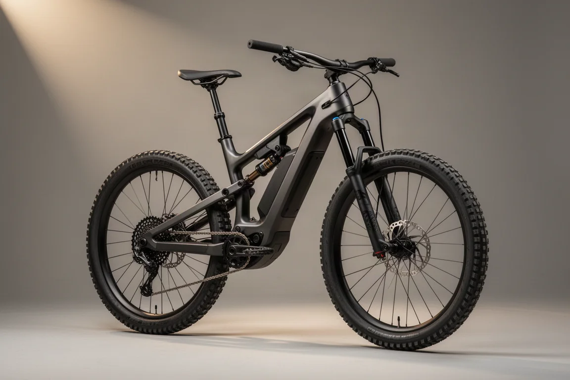 Vollgefedertes E-Mountainbike in Dreiviertelansicht vor grauem Studiohintergrund