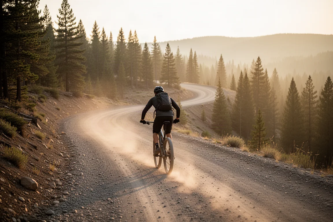 Kolarz enduro wspina się stromą leśną drogą pożarową o wschodzie słońca