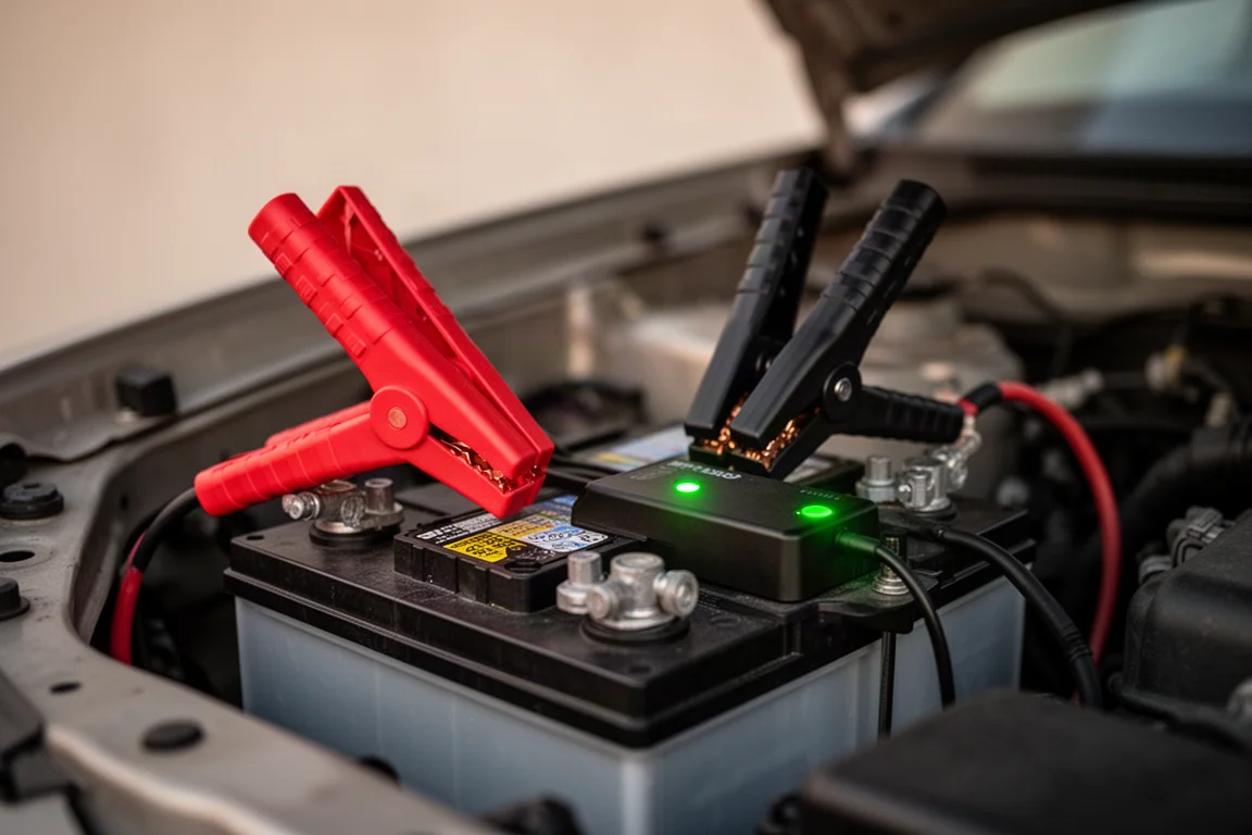 Pinzas de arranque conectadas a la batería de un auto con una luz indicadora encendida en verde