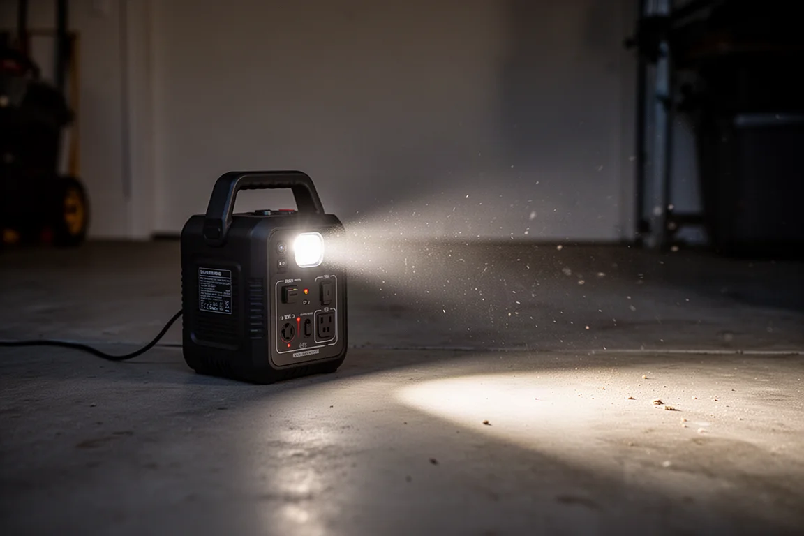 Haz brillante de la linterna integrada iluminando el suelo de un garaje oscuro