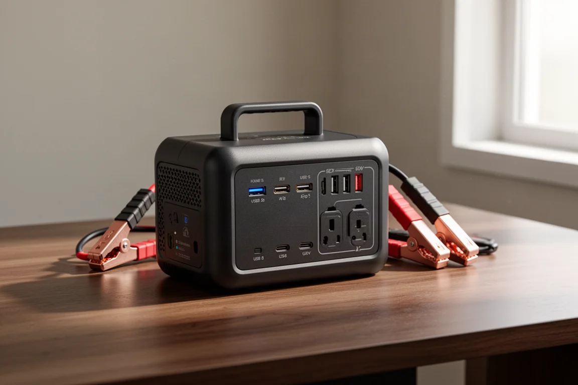 Compact jump starter with handle and jumper clamps on a wooden desk