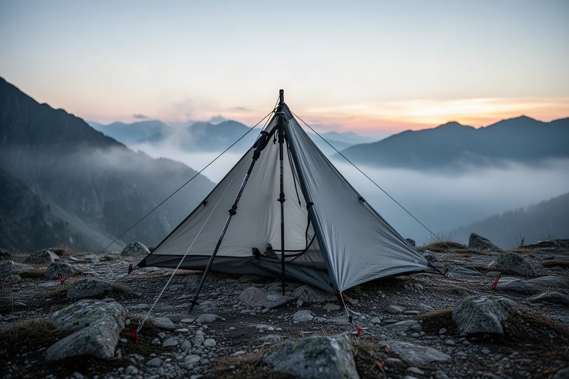 Trekking pole tent pitched on an alpine plateau at dusk with mist in the valley