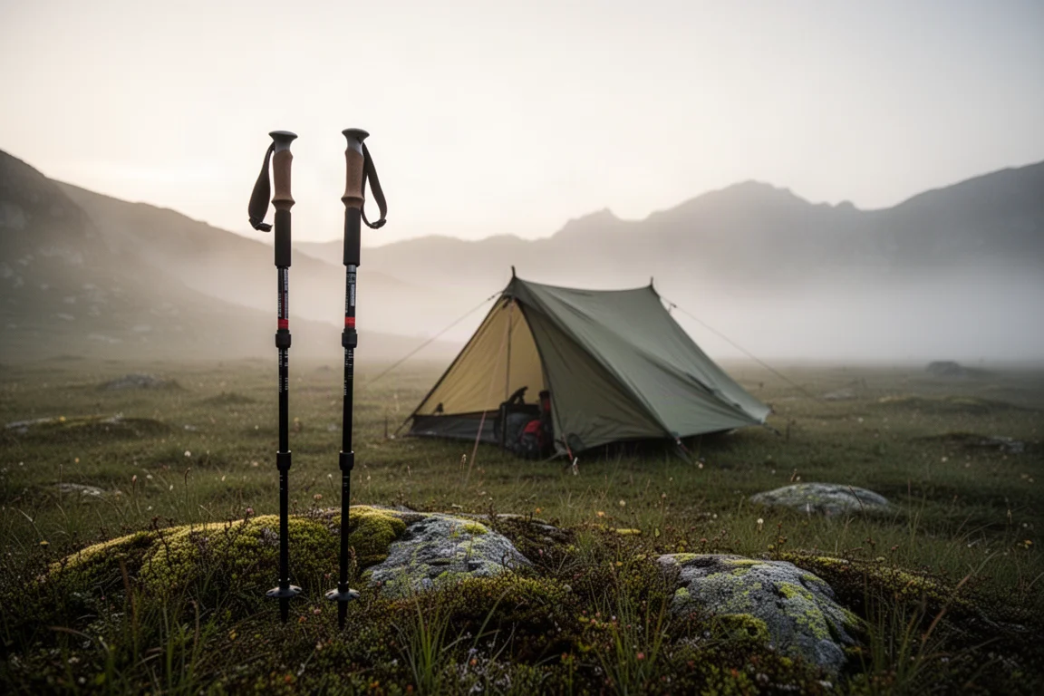 Bastoncini da trekking piantati in un prato alpino con una tenda monotelo bassa montata dietro