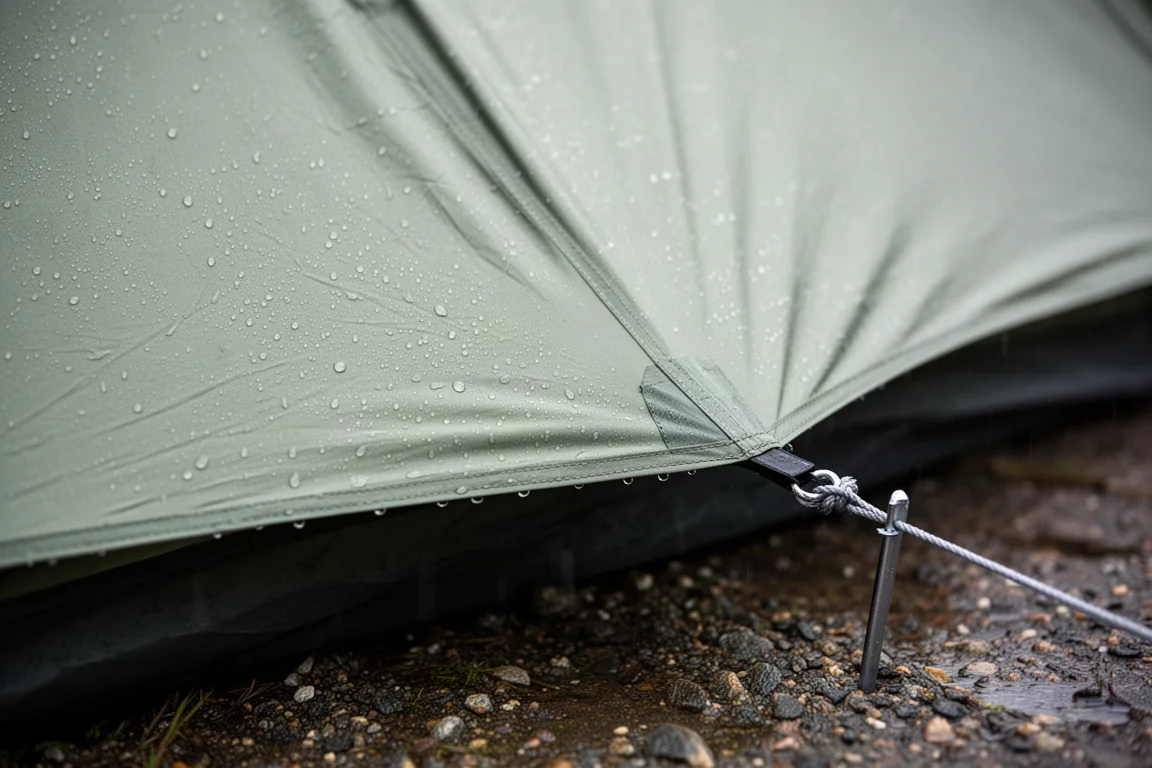 Pioggia che forma gocce sul tessuto teso di una tenda monotelo accanto a un picchetto infisso nella ghiaia bagnata