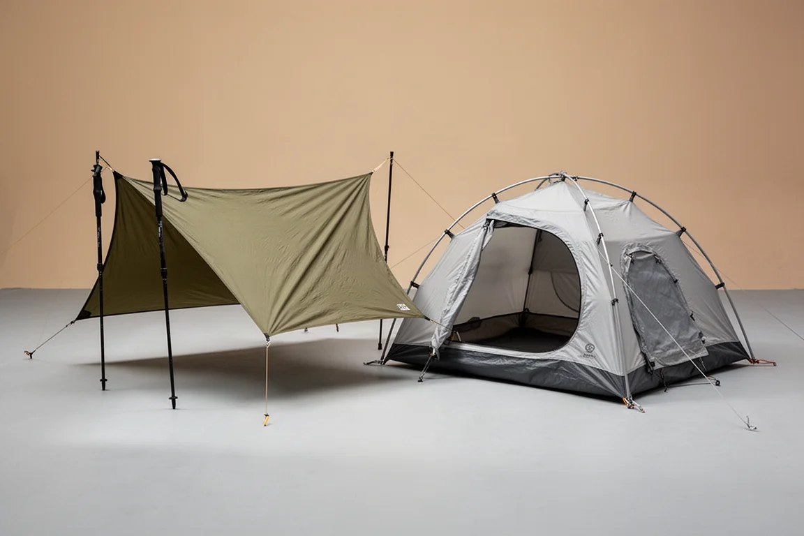 Trekking pole shelter and freestanding one-person dome tent pitched side by side on a grey surface