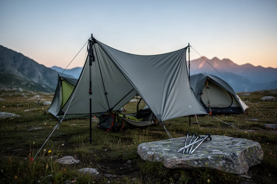 Two ultralight trekking pole tents pitched on an alpine meadow at dusk with stakes in the foreground