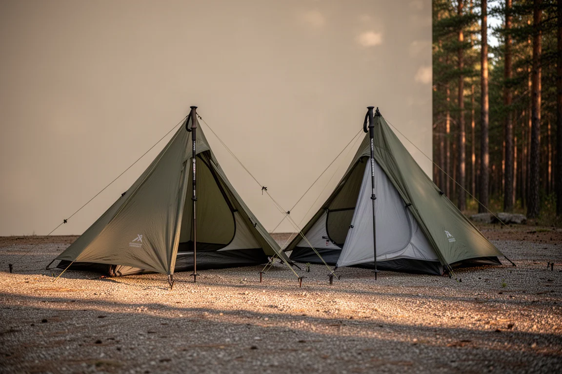 Two ultralight trekking pole tents pitched side by side on a gravel forest campsite