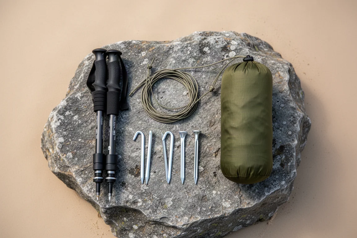 Vista cenital de bastón de trekking, vientos, estacas de aluminio y una funda de tienda comprimida sobre roca gris