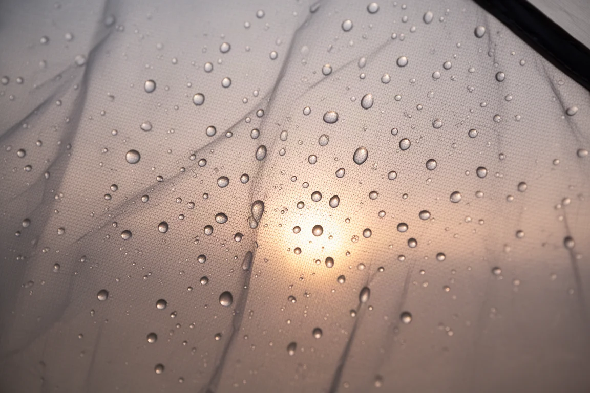Gotas de condensación en la pared interior del sobretecho de una tienda iluminadas a contraluz por una suave luz del amanecer