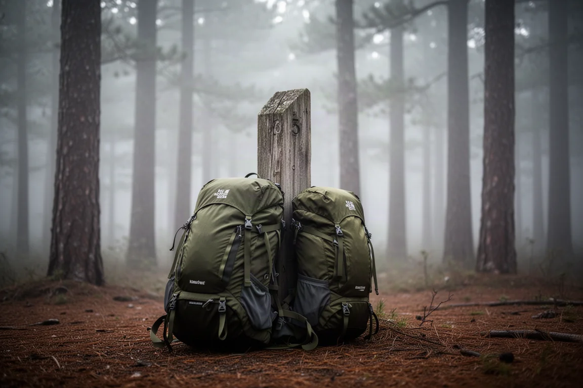 Mochila ultraligera cargada apoyada contra un poste de sendero de madera desgastada en un bosque de pinos brumoso