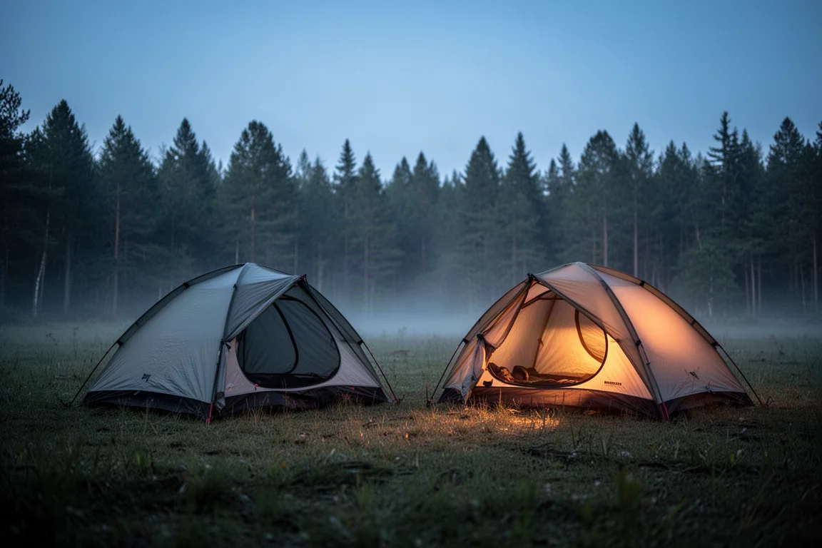 Dos tiendas ultraligeras para una persona montadas en un claro del bosque al atardecer con un cálido resplandor interior