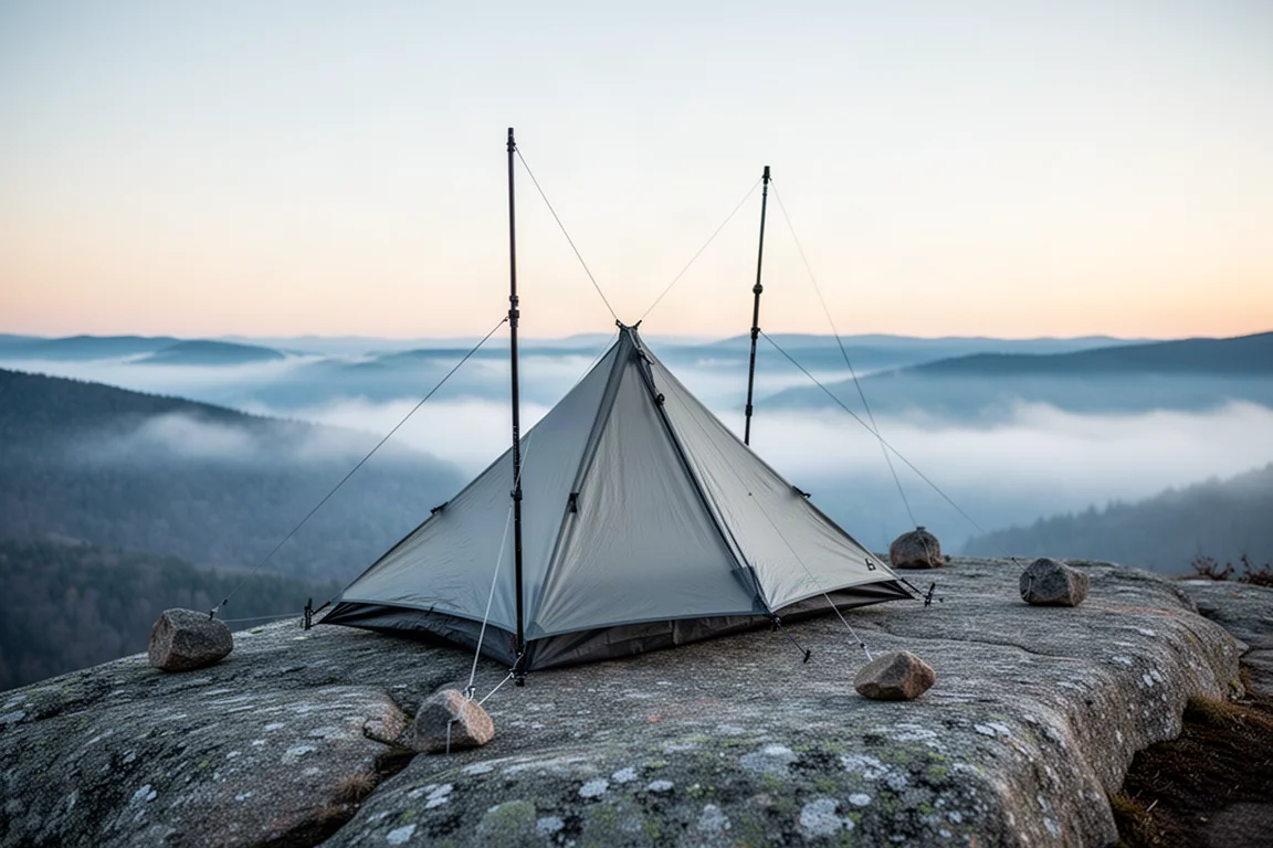 Trekking pole shelter pitched on a granite ledge at dawn with mist below