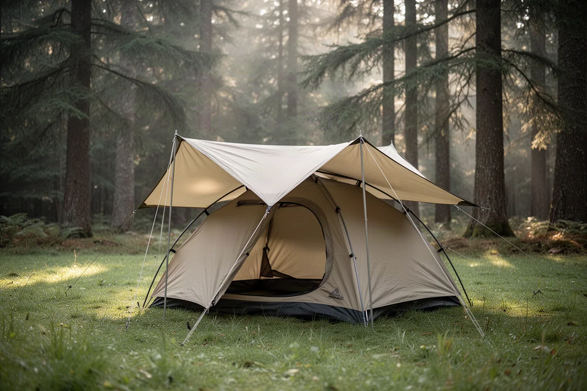 Small dome tent pitched in a forest clearing with soft morning light