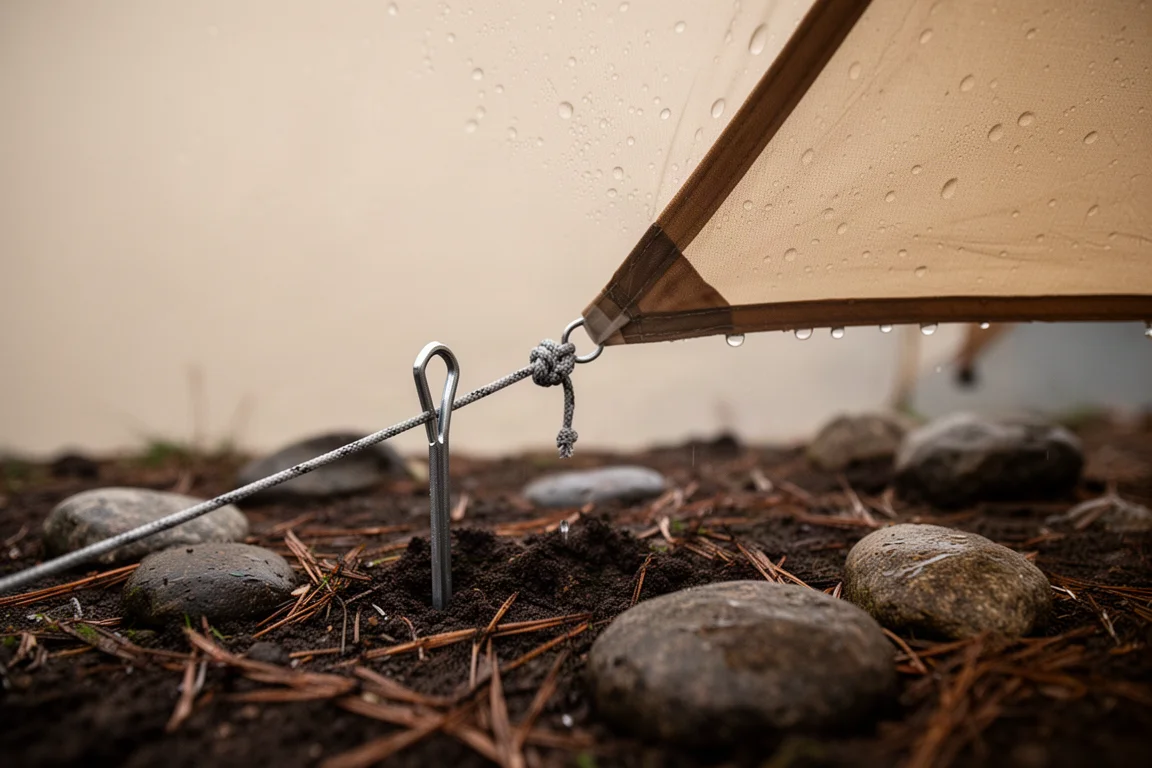 Close-up of tent guy line and stake in damp ground with rain on fabric