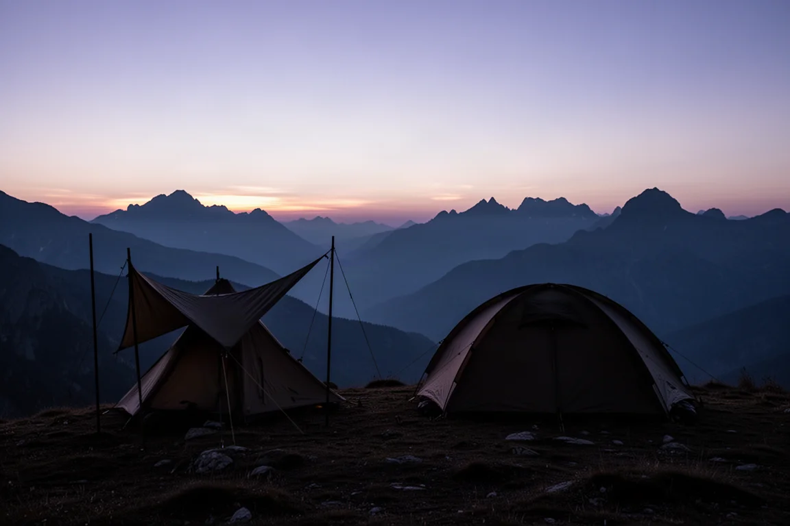 Two tent silhouettes on an alpine ridge at dusk under a deep blue sky