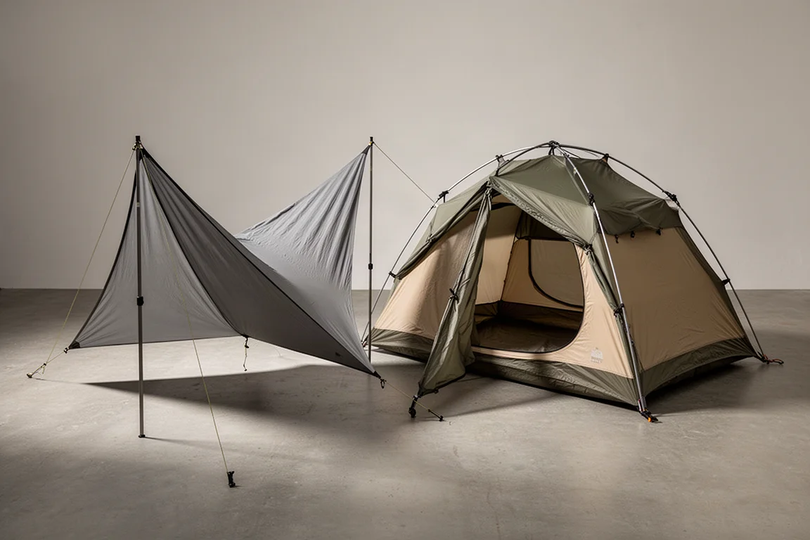 Riparo con bastoncini da trekking e tenda a cupola autoportante montati fianco a fianco su una superficie in cemento