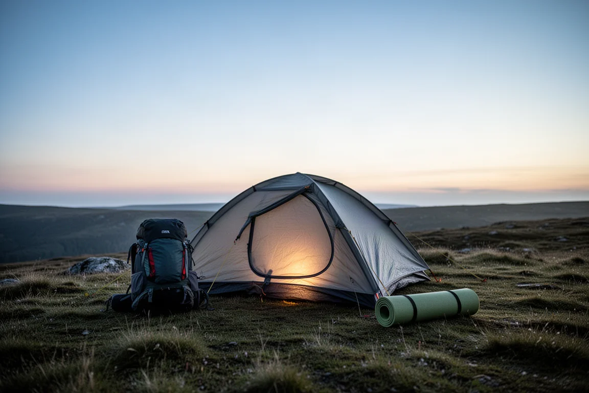 Wild camping pitch on a moorland ridge at dusk with a small tent and rucksack