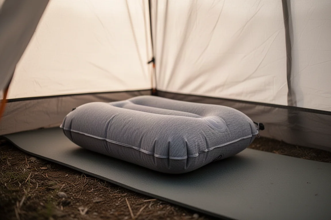 Inflatable camping pillow resting on a sleeping mat inside a tent in morning light