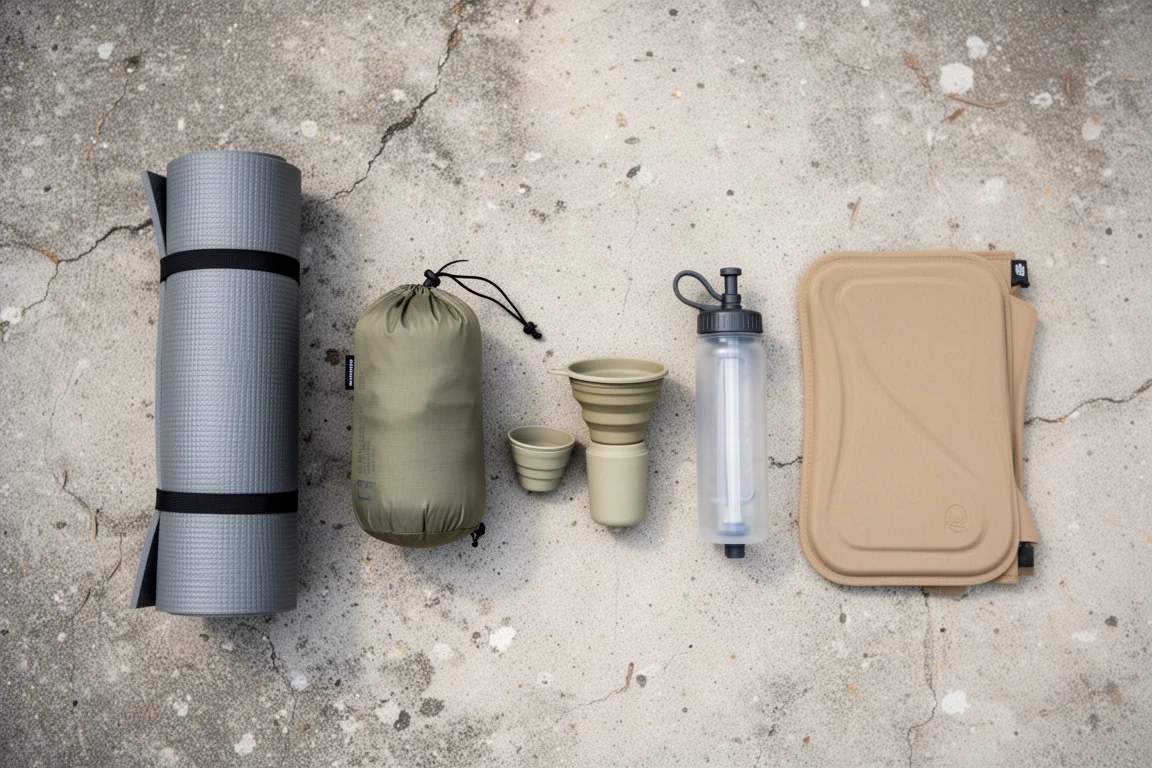 Flat-lay of compact backpacking essentials arranged on weathered concrete