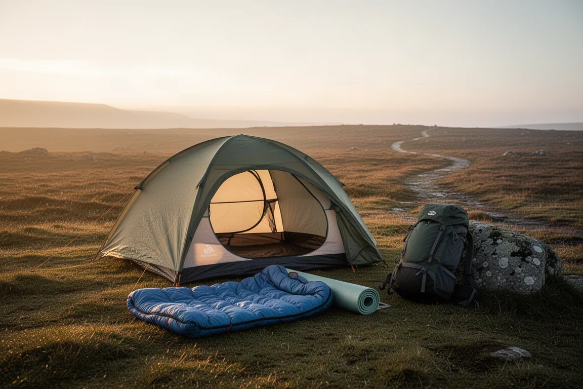 Compact backpacking camp at sunrise on open moorland with tent and airing sleeping bag