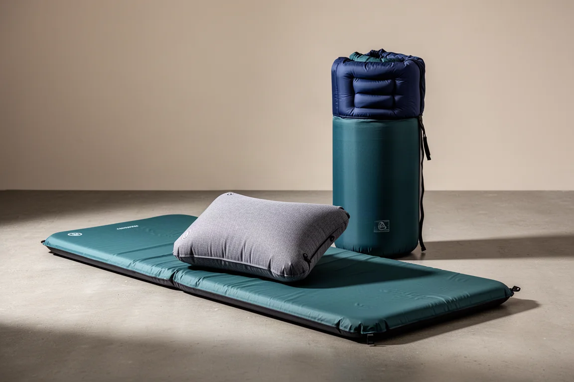 Mats de couchage gonflables et oreillers de camping disposés sur une surface en béton