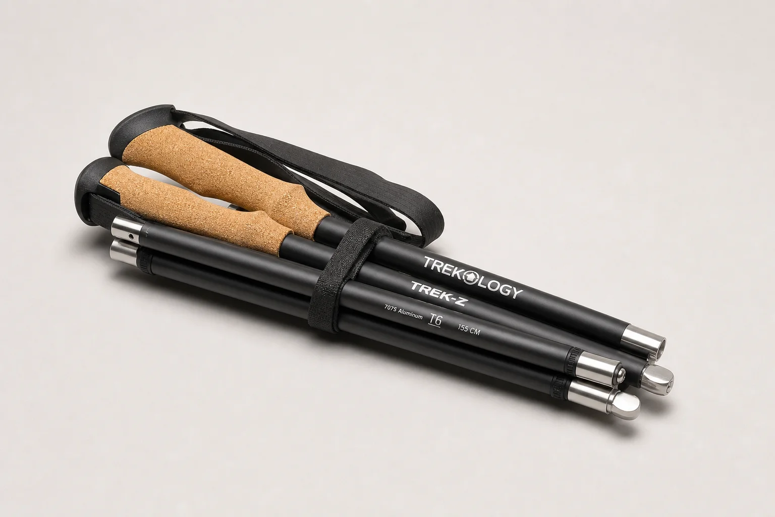 Five trekking poles in different styles arranged on concrete surface